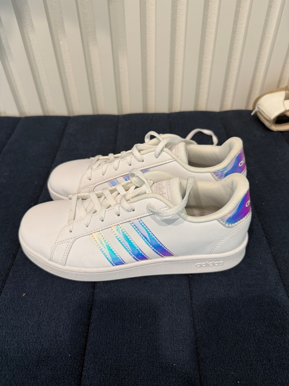 adidas White Sneakers with Iridescent Blue-Purple Stripes